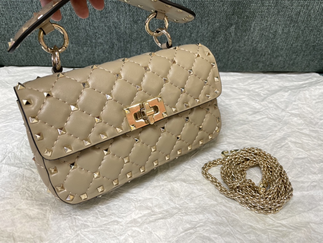 Valentino Garavani Rockstud Spike Small Chain Bag in Apricot Supple Lambskin Nappa